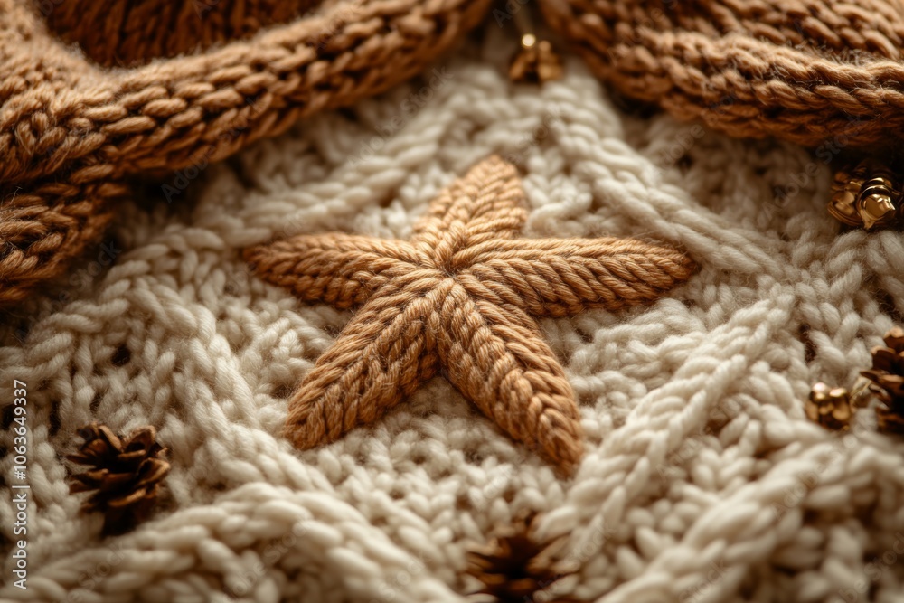 Knitted Starfish on White Knit Blanket  Cozy Winter Texture Background