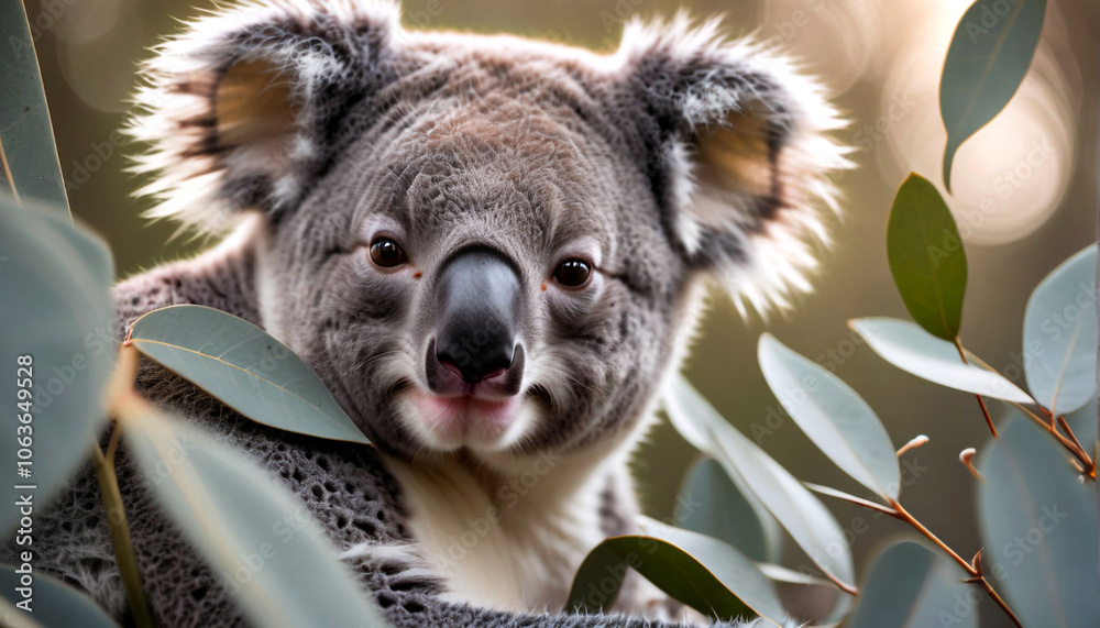 Macro shot highlighting the gentle charm of a koala resting amidst the silvery green leaves of a eucalyptus tree at dawn Macro shot highlighting the gentle charm of a koala resting amidst the silvery green leaves of a eucalyptus tree at dawn