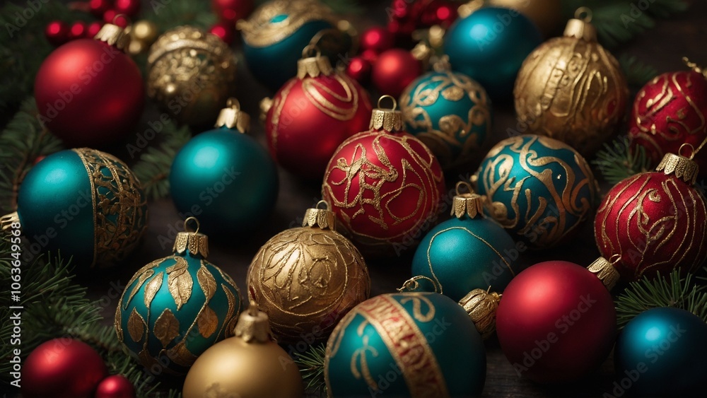 Assorted Christmas ornaments in red, green, and gold with pine branches Assorted Christmas ornaments in red, green, and gold with pine branches