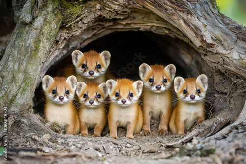 Curious stoat kits peeking out from their burrow, showcasing playful behavior and adorable expressions. This family scene captures essence of wildlife