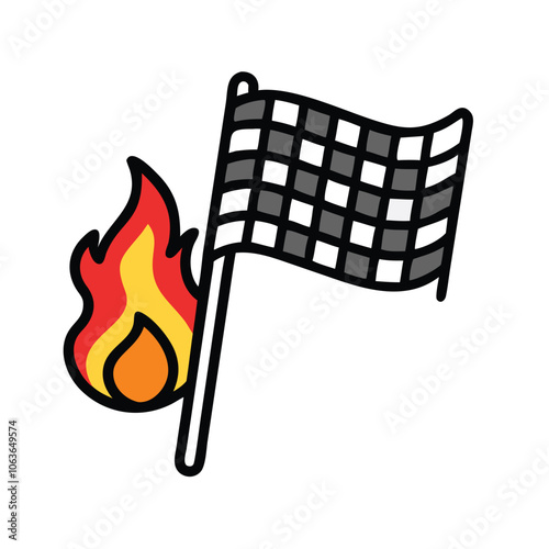 Checkered racing flag with flames icon, Illustration of a checkered racing flag with flames, symbolizing speed, competition, and excitement in racing and high-performance sports.