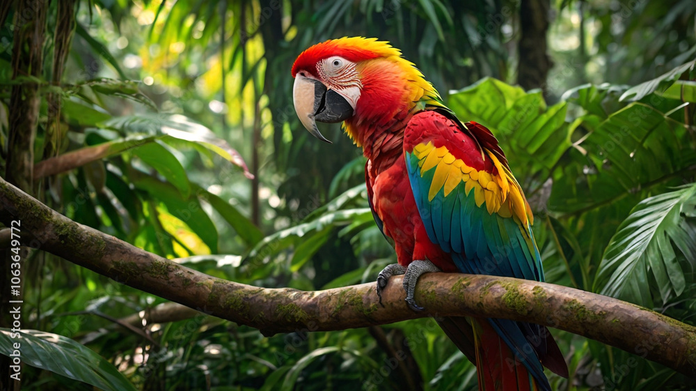 Obraz premium Macro image of a vibrant red and yellow macaw sitting proudly on a thick branch amidst the dense foliage of a tropical rainforest where sunlight streams through the leaves creating an enchanting atmos