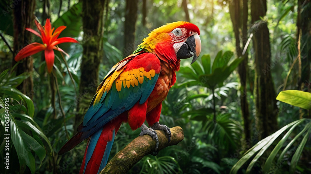 Macro image of a vibrant red and yellow macaw sitting proudly on a thick branch amidst the dense foliage of a tropical rainforest where sunlight streams through the leaves creating an enchanting atmos Macro image of a vibrant red and yellow macaw sitting proudly on a thick branch amidst the dense foliage of a tropical rainforest where sunlight streams through the leaves creating an enchanting atmos