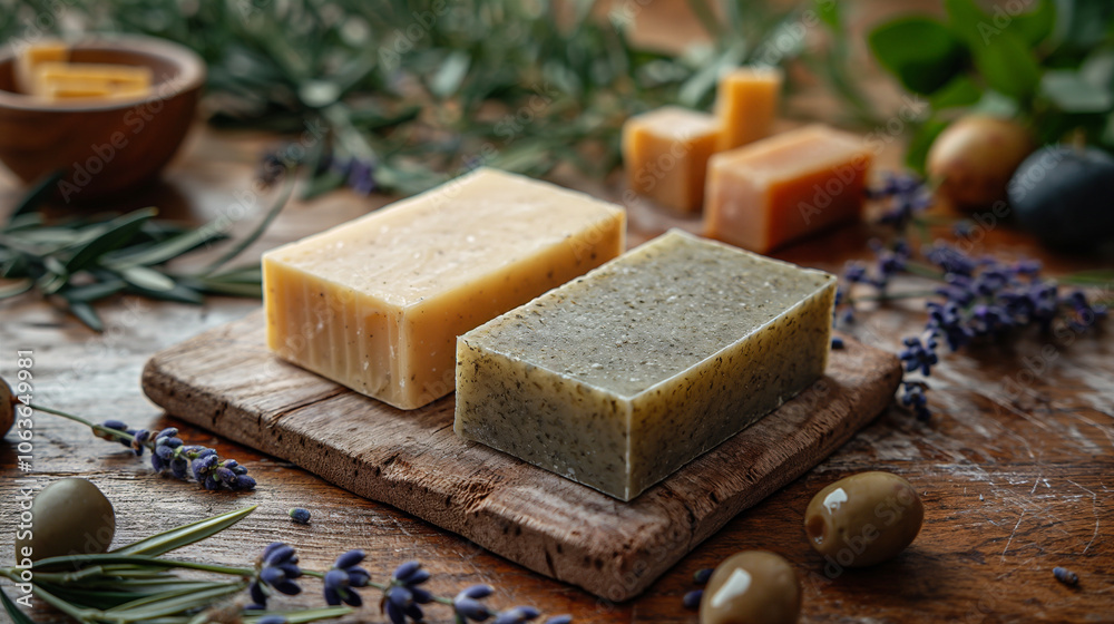 Rustic wooden table with two bars of handmade soap with natural ingredients and decor. Generative AI Rustic wooden table with two bars of handmade soap with natural ingredients and decor. Generative AI