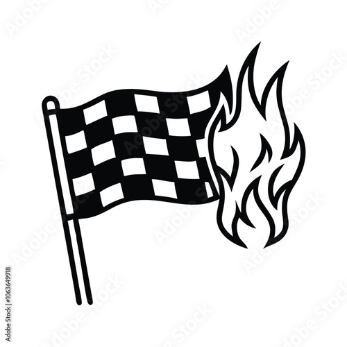 Checkered racing flag with flames icon, Illustration of a checkered racing flag with flames, symbolizing speed, competition, and excitement in racing and high-performance sports.