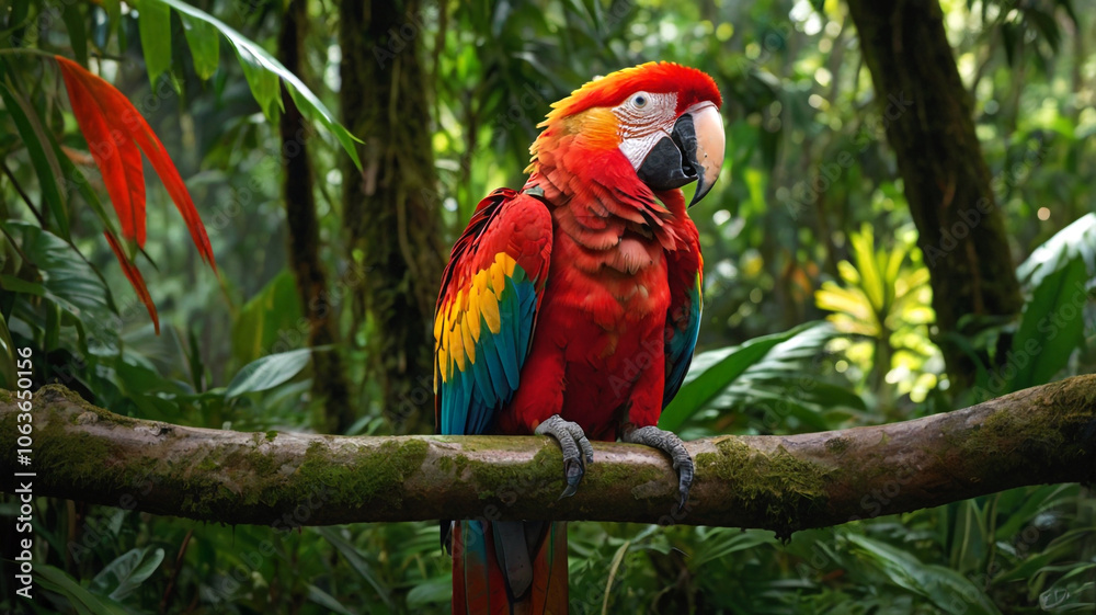 Obraz premium Macro image of a vibrant red and yellow macaw sitting proudly on a thick branch amidst the dense foliage of a tropical rainforest where sunlight streams through the leaves creating an enchanting atmos