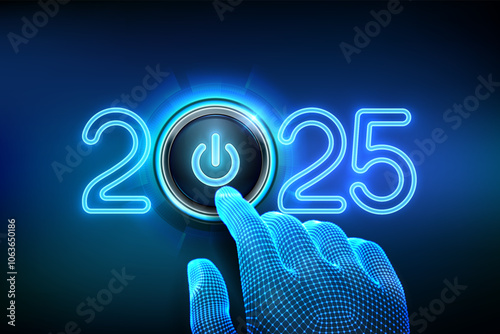 2025 start. Finger about to press a power button. Happy new year 2025. New Year two thousand and twenty five is coming concept. Vector illustration.