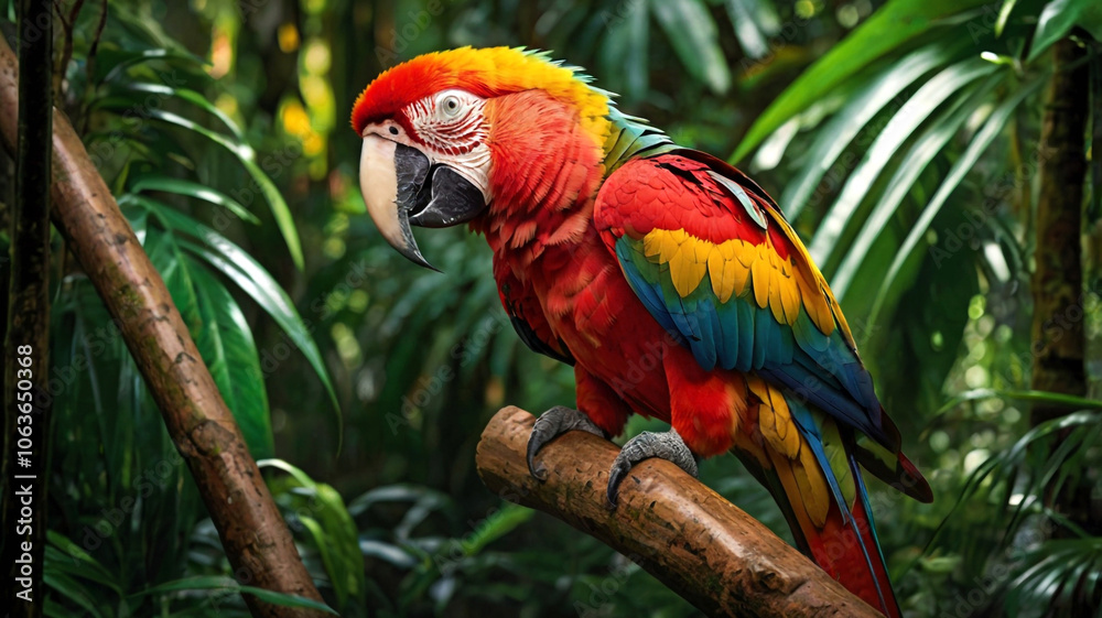 Obraz premium Macro image of a vibrant red and yellow macaw sitting proudly on a thick branch amidst the dense foliage of a tropical rainforest where sunlight streams through the leaves creating an enchanting atmos