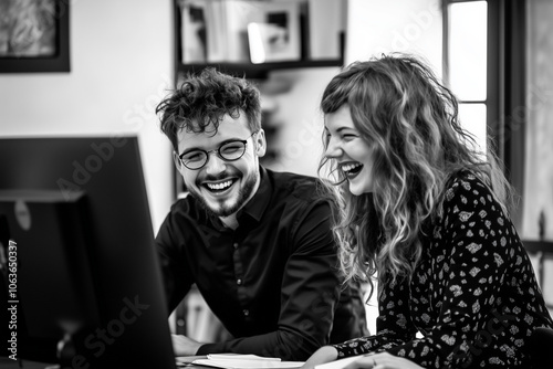 Candid Black and White Portrait of Joyful Couple in Casual Attire Sharing Genuine Laughter Against a Bookshelf Background with Intimate Natural Lighting






