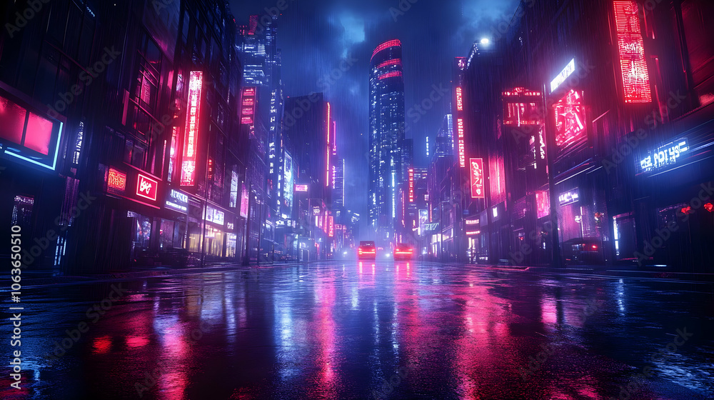 Fototapeta premium Neon Cityscape with Rain Illustration