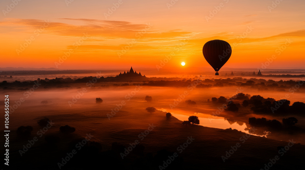 Hot air balloon gliding over a misty landscape during a stunning sunrise. Hot air balloon gliding over a misty landscape during a stunning sunrise.