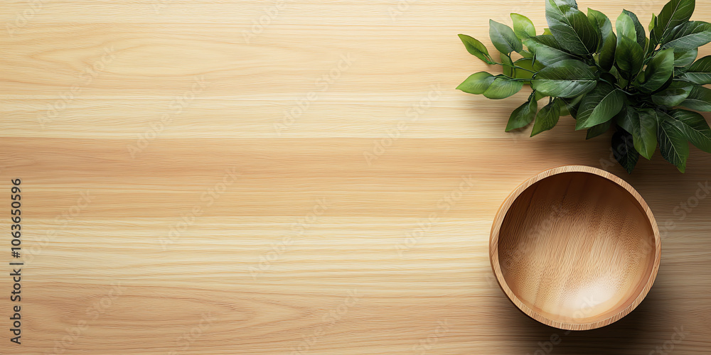 Light Wooden Table with Bowl and Green Plant – Top View Light Wooden Table with Bowl and Green Plant – Top View