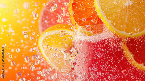 A vibrant image of citrus slices in sparkling water, showcasing bubbles and bright colors that evoke a refreshing drink.