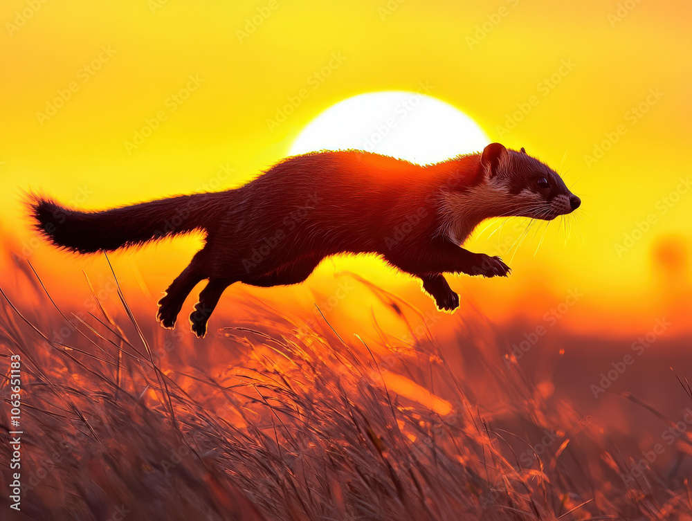stoat leaps gracefully through tall grass at sunset, silhouetted against vibrant orange sun. scene captures beauty of nature and agility of this small mammal stoat leaps gracefully through tall grass at sunset, silhouetted against vibrant orange sun. scene captures beauty of nature and agility of this small mammal