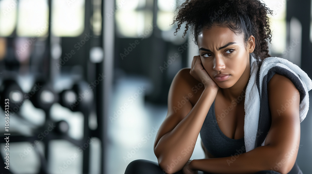 Fototapeta premium W siłowni, młoda czarnoskóra atleta siedzi na ławce treningowej, z ręcznikiem zarzuconym na ramię. 