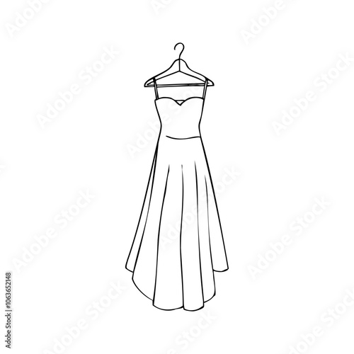 long minimalist dress with straps hanging on a hanger - hand drawn line art. summer dress on a hanger