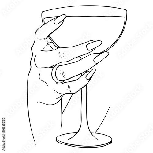 right female hand with a ring on the ring finger holds a full round glass on a long stem - hand drawn line art. hand with a drink