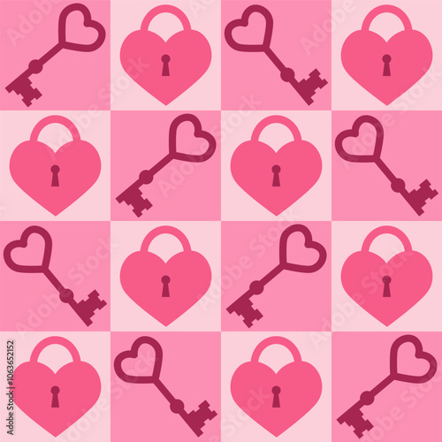 Seamless pattern with pink heart shaped lock and key. Template for Valentine holiday design. Vector illustration