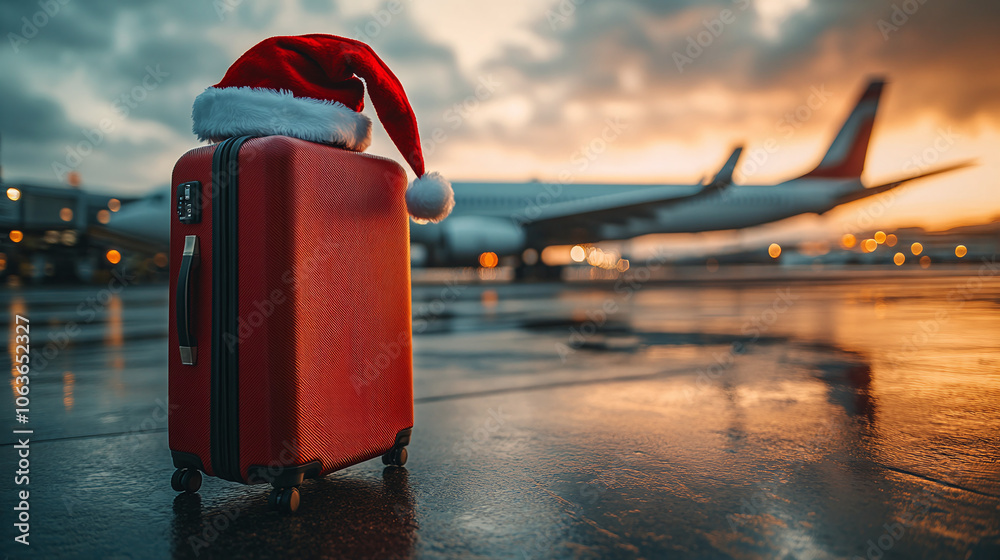 santa claus hat on a suitcase in front of a plane. - Christmas holiday concept. santa claus hat on a suitcase in front of a plane. - Christmas holiday concept.
