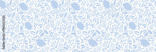 Ditsy blue floral pattern banner, seamless repeating vector background, flower wallpaper, wide horizontal design