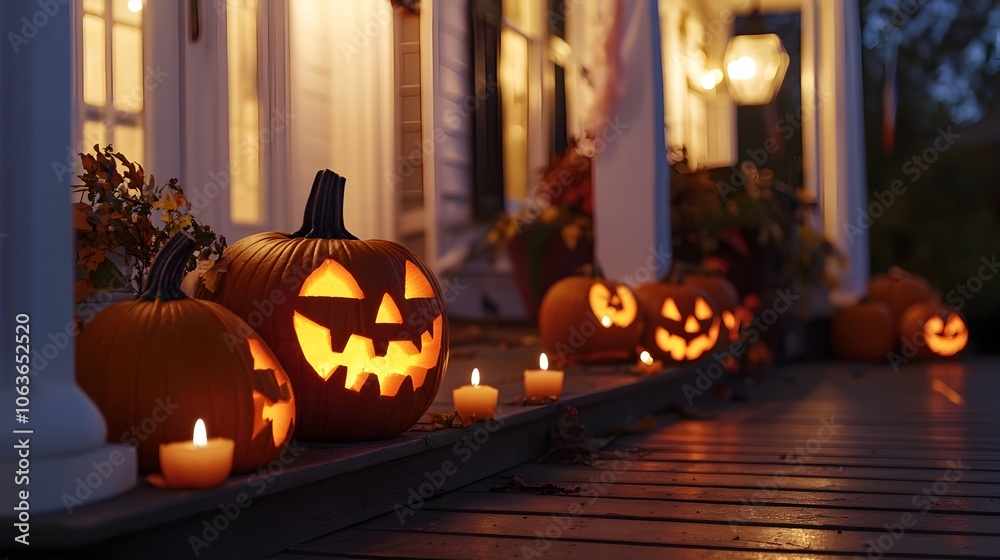 Fototapeta premium Carved Pumpkin Display with Glowing Candles on Autumn Porch at Dusk