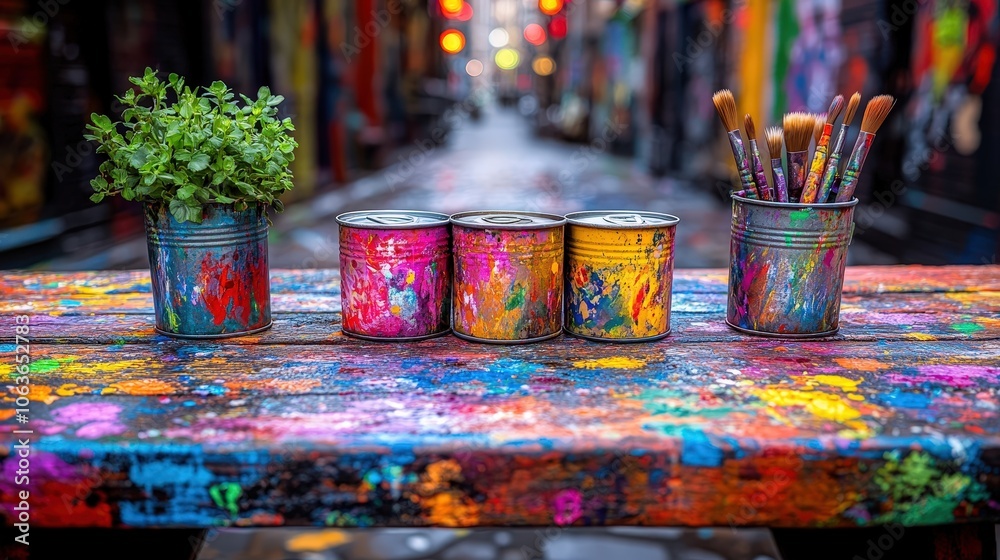 colorful paint containers and brushes on a wooden table colorful paint containers and brushes on a wooden table