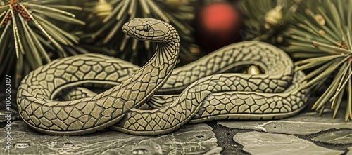 A detailed depiction of a green snake intertwined with red and gold new year ornaments, surrounded by pine branches. perfect for seasonal designs, celebrations, and festive decorations.