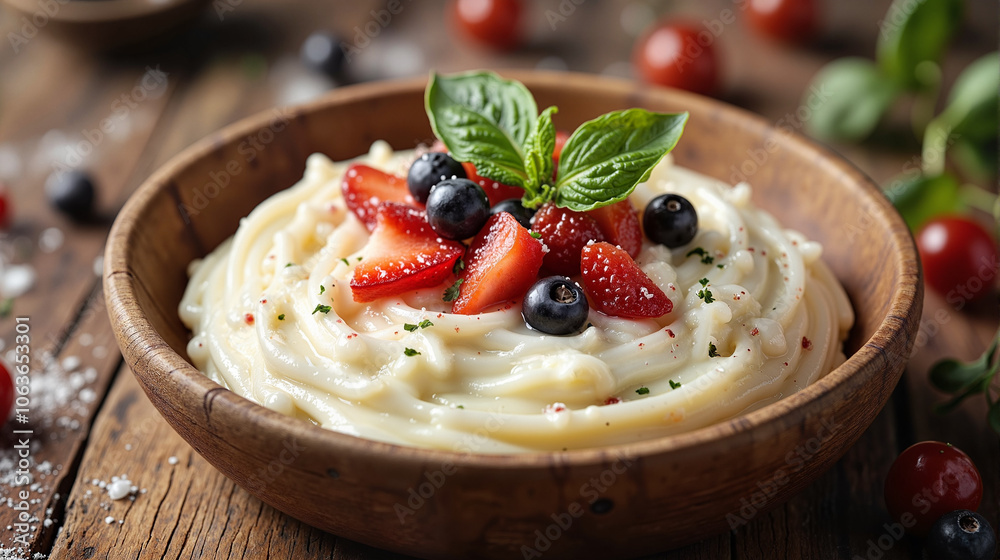 Bulgarian yogurt with berries in wooden bowl Bulgarian yogurt with berries in wooden bowl