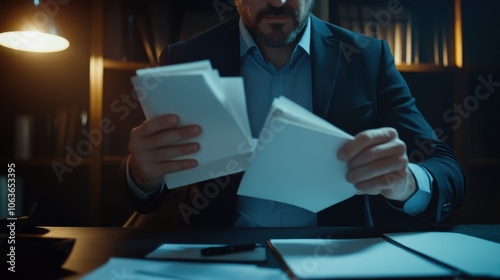 Corporate Employee Managing Documents in Dim Light