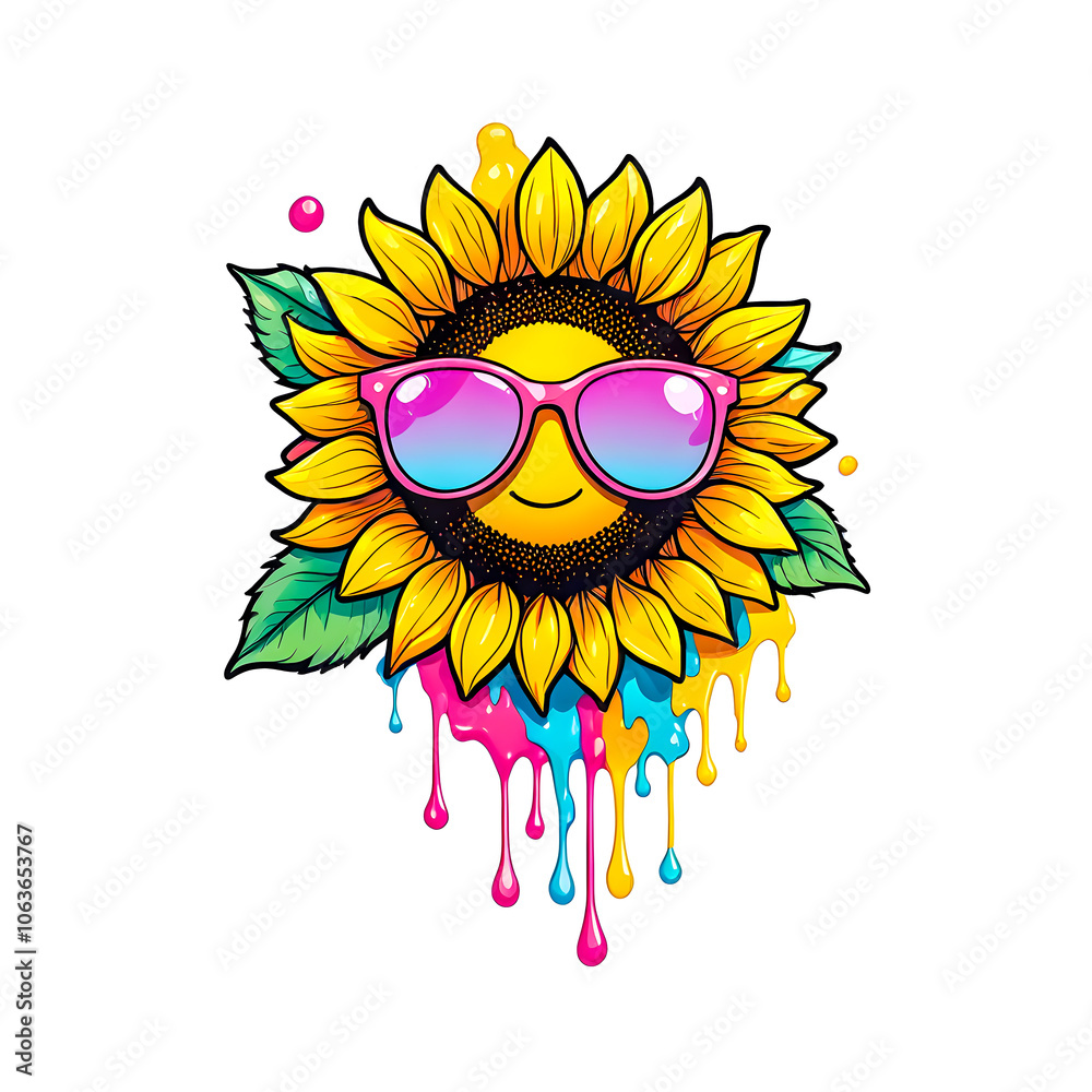 Illustration of Sunflower with sunglasses on white background.	
