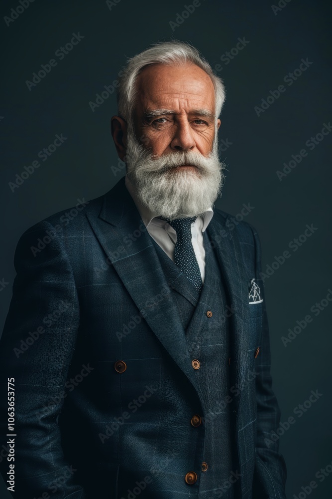 Distinguished Senior Gentleman in Tailored Suit Against Deep Navy Blue Background Distinguished Senior Gentleman in Tailored Suit Against Deep Navy Blue Background