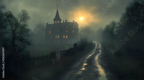 Mysterious Mansion in Foggy...