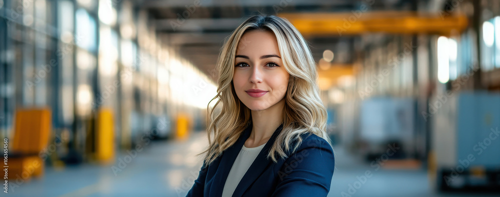 Confident Businesswoman in Modern Industrial Setting with Natural Light Confident Businesswoman in Modern Industrial Setting with Natural Light