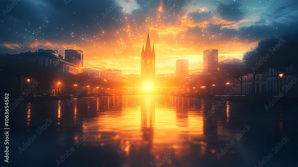 Naklejka premium Cityscape with Sunset Glow Illustration