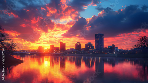 Cityscape Sunset with Reflection in River - Realistic Image