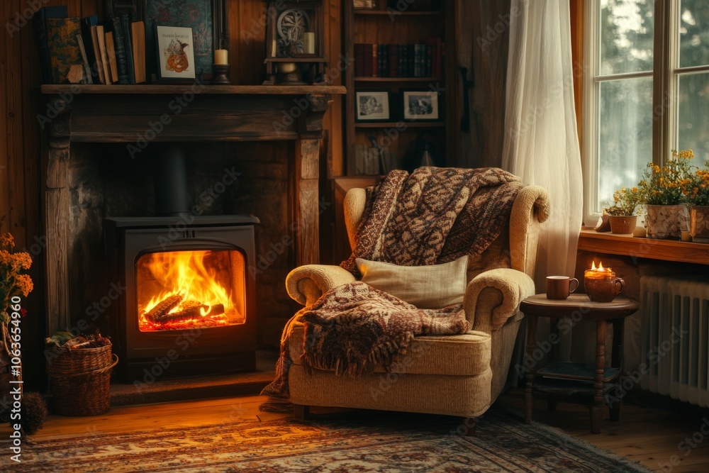 Fototapeta premium Cozy living room with fireplace armchair blanket and candlelight