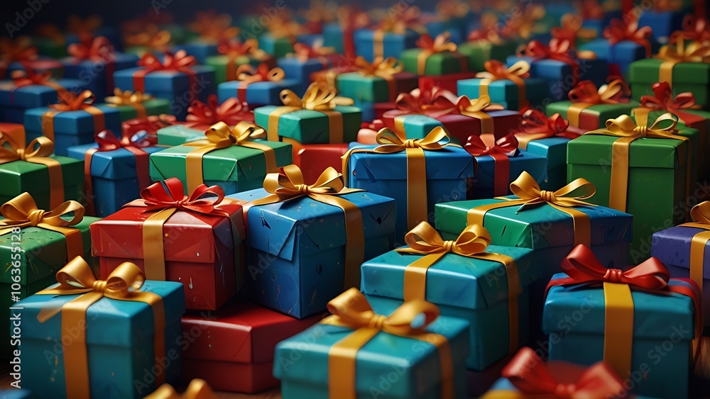 Obraz premium An enchanting display of brightly hued presents awaits against a crisp white background. This image captures the magic of gift-giving, ideal for holiday promotions, event flyers, or e-commerce product