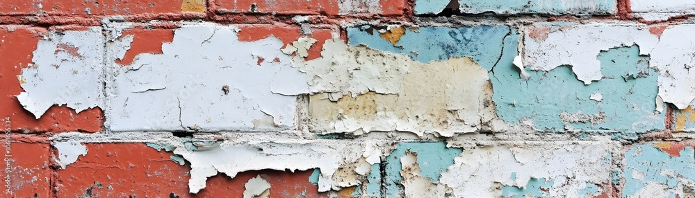 Weathered Brick Wall with Peeling Paint in Shades of Blue, White, and Red