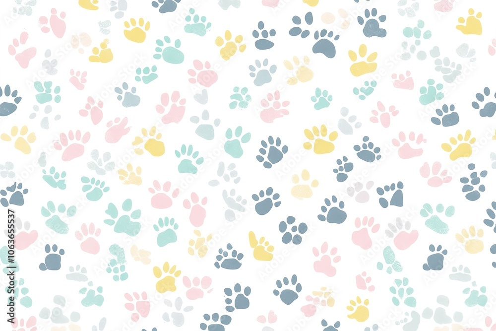 A seamless pattern of pastel-colored cat paw prints scattered across the white background, creating an adorable and playful design for pet lovers A seamless pattern of pastel-colored cat paw prints scattered across the white background, creating an adorable and playful design for pet lovers