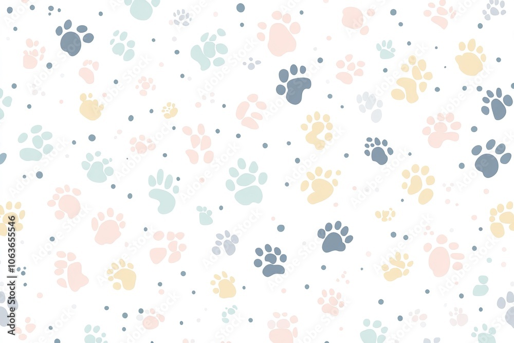 A seamless pattern of pastel-colored cat paw prints scattered across the white background, creating an adorable and playful design for pet lovers