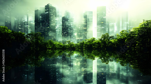 Cityscape with Green Trees and Reflection Illustration