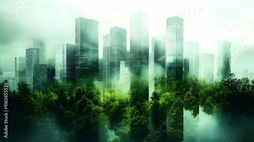 Cityscape Abstract Background with Green Trees and Fog