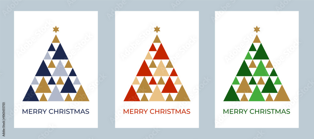 Naklejka premium Set of Christmas greeting cards with christmas trees made of colorful triangles. Flat style. Template for winter holidays design. Vector illustration