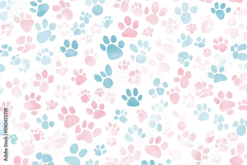 A seamless pattern of pastel-colored cat paw prints scattered across the white background, creating an adorable and playful design for pet lovers