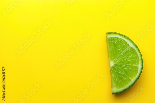 Bright lemon slice on yellow background, minimalist design. photo