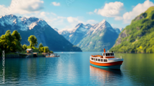 Explore the serene beauty of a vintage boat sailing through majestic mountain landscapes by tranquil waters