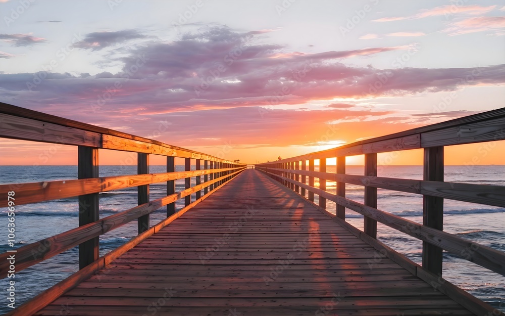 Sunset Over Ocean Pier - Serene Coastal Landscape with Golden Reflections Sunset Over Ocean Pier - Serene Coastal Landscape with Golden Reflections