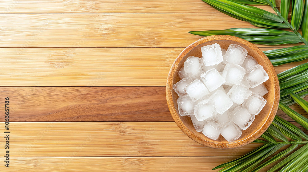 Fresh ice cubes in wooden bowl on bamboo surface with leaves