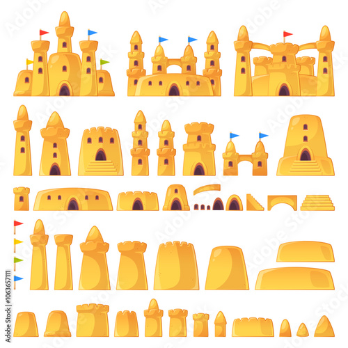 Cartoon sand castle parts kit. Kids loose building material, summer seashore games, funny fortress with towers, constructor decorative isolated elements. Wall and tower. Vector set