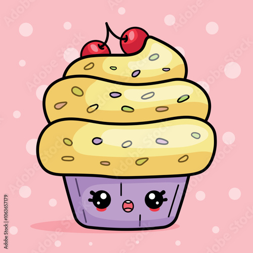 Cute cake character with surprised face in kawaii style, funny isolated sweet vector illustration